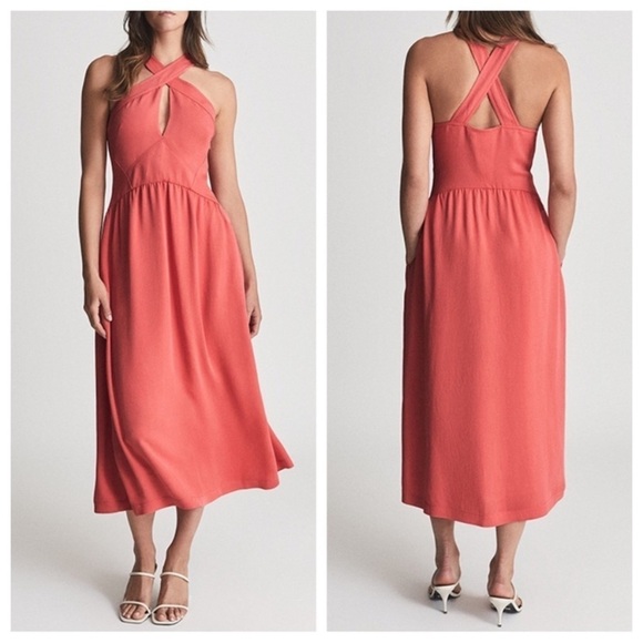 New! Reiss Orla keyhole front halter midi Dress pink nwot 18429 - Picture 1 of 12